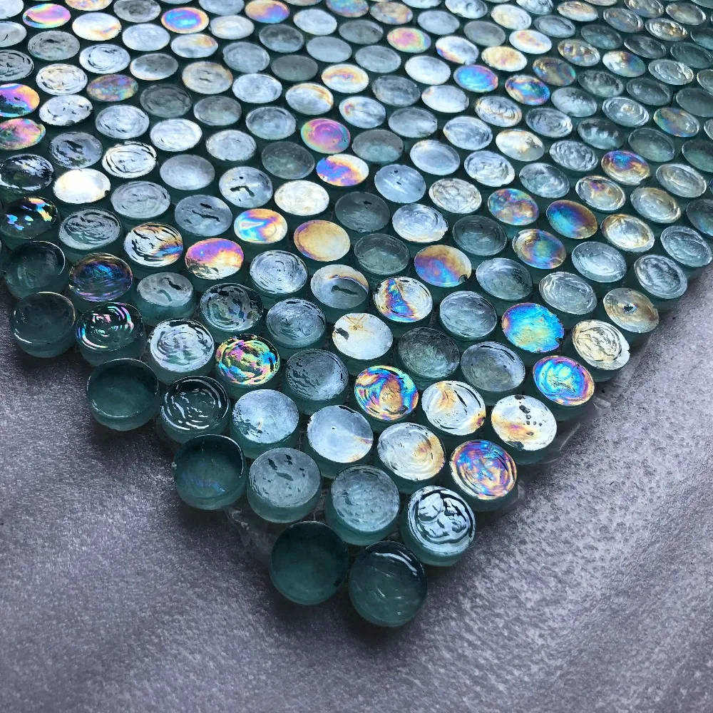 Iridescent Penny Round Aqua Blue Crytal Glass Mosaic Tiles, Kitchen backsplash bathroom wall tile sticker floor tile