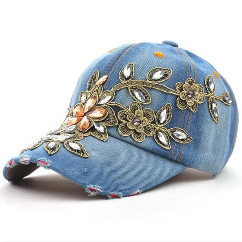 Women's Baseball Cap Diamond Painting Embroidery Flower Denim Snapback Hats Jeans Woman Female Cap Cowboy Summer Sun Hat