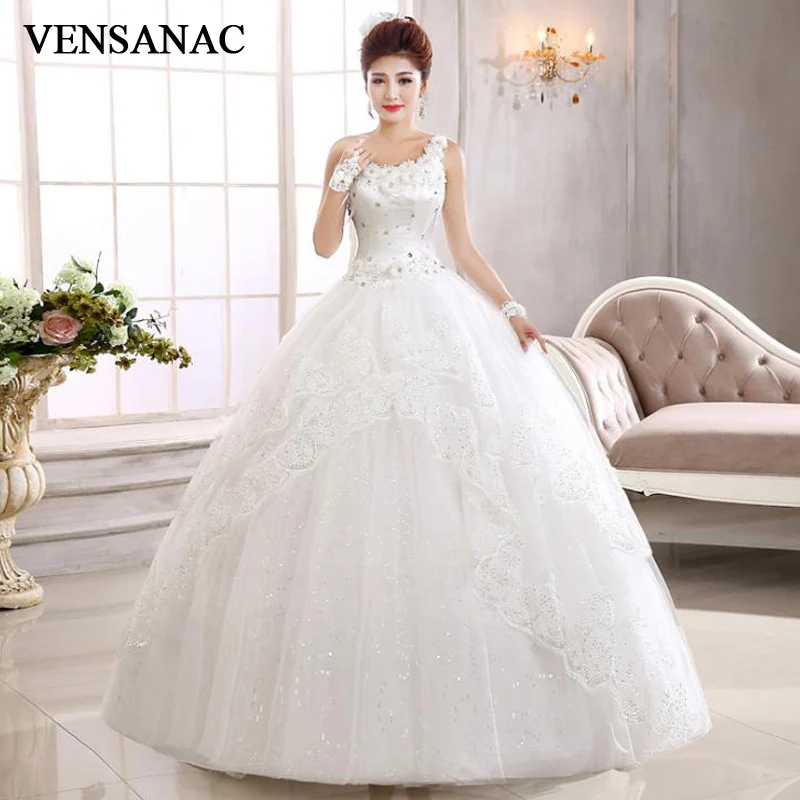 

VENSANAC 2018 Crystal Flowers One Shoulder Sequined Ball Gown Wedding Dresses Tiered Lace Appliques Backless Bridal Gowns