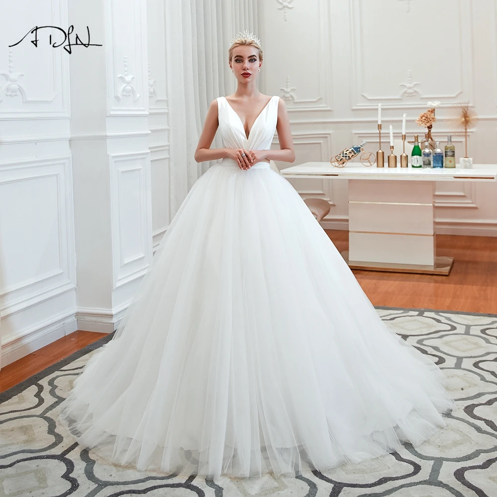 Adln simples uma linha vestidos de casamento cetim com decote em v vestidos de noiva robe de mariee trem varredura tule macio princesa branco vestidos de noiva