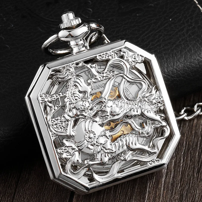 Square Mechanical Pocket Watch Men Lucky Chinese Kirin Fighting Tigers China Animal Carving Brave Symbol Pendant Chain Men Clock