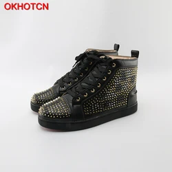 OKHOTCN Black Leanther Fashion Men Shoes Designer Silver Gold Rivets Studded Casual Shoes Lace Up High Top Cozy Leisure Sneakers