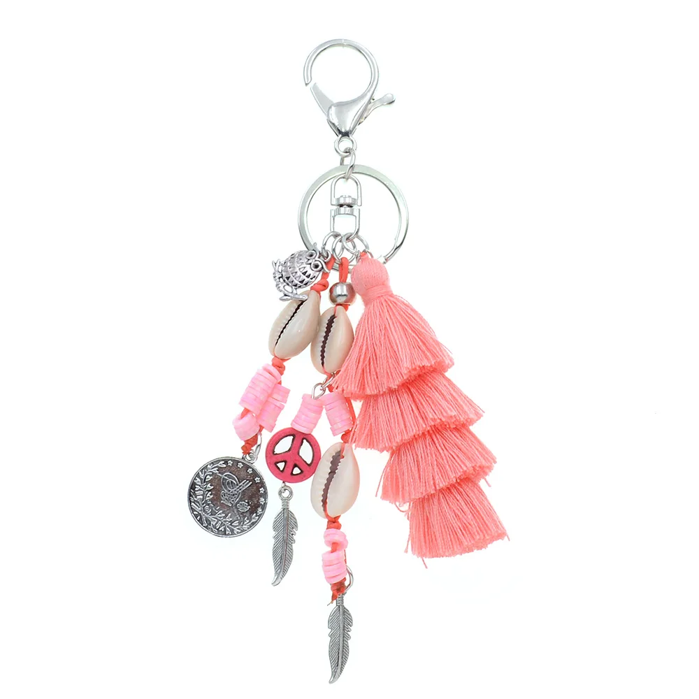 WELLMORE new handmade shell with long tassel alloy Key Chain For Women Girl Bag Keychain