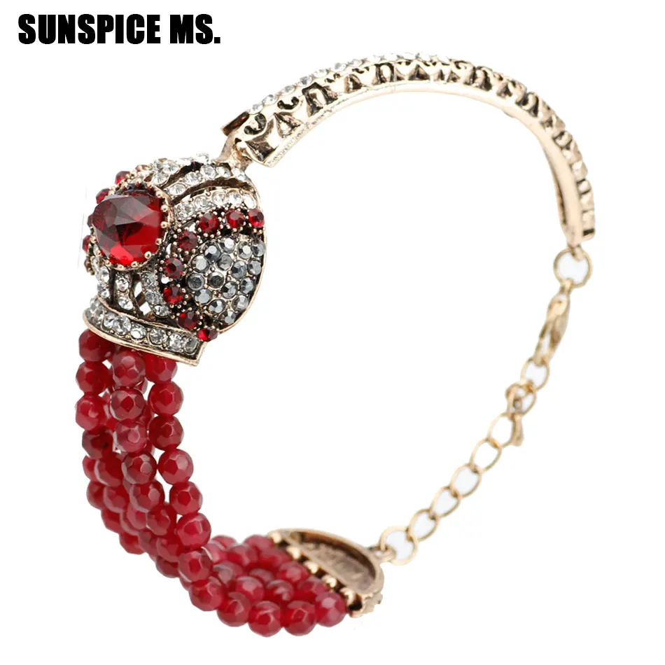 Turkish Red Crystal Charm Bracelets For Women Natural Stone Beads Bangle Cuff Antique Gold Color Fashion Wedding Jewelry