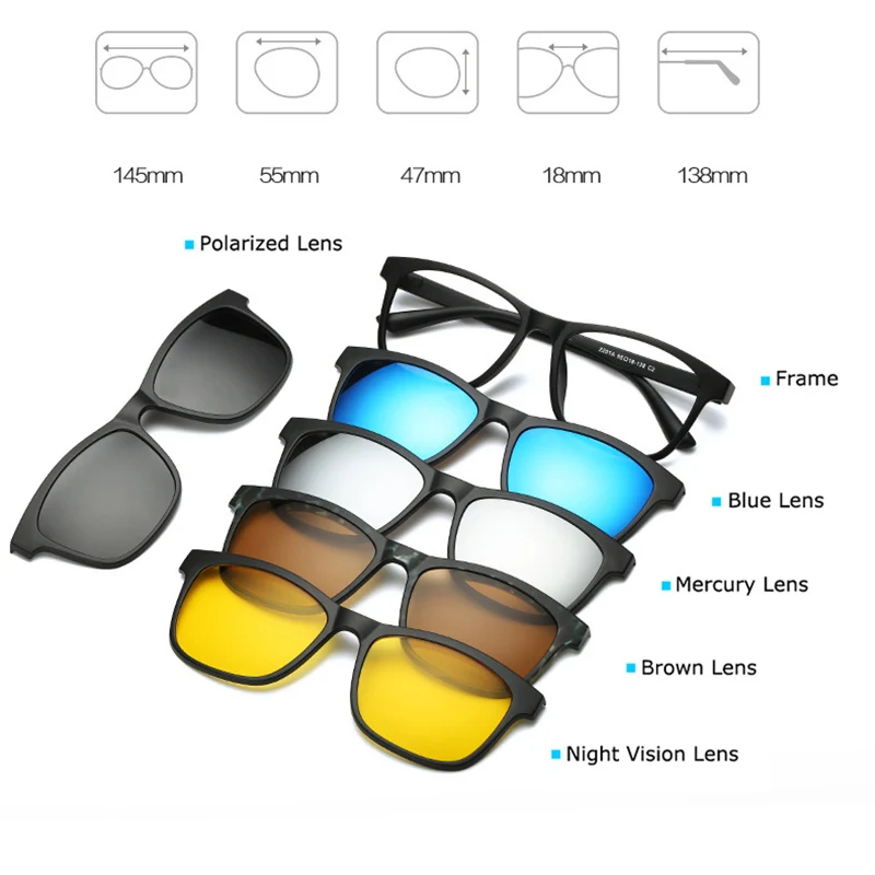 Fashion Spectacle Frame Men Women With 5 Pieces Clip On Sunglasses Polarized Magnetic Glasses Male Driving Myopia Optical RS120 - Image 2