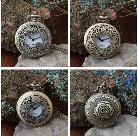 New Bronze antiques gear Little Bear roses Hollow woman quartz pendant Necklace pocket watches gift OKJ53