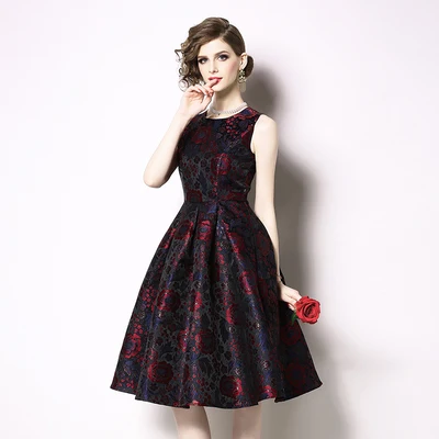 Big Size 3XL New Summer High Quality Jacquard Runway Dress Vintage Sleeveless Flowers Tank Party Dresses