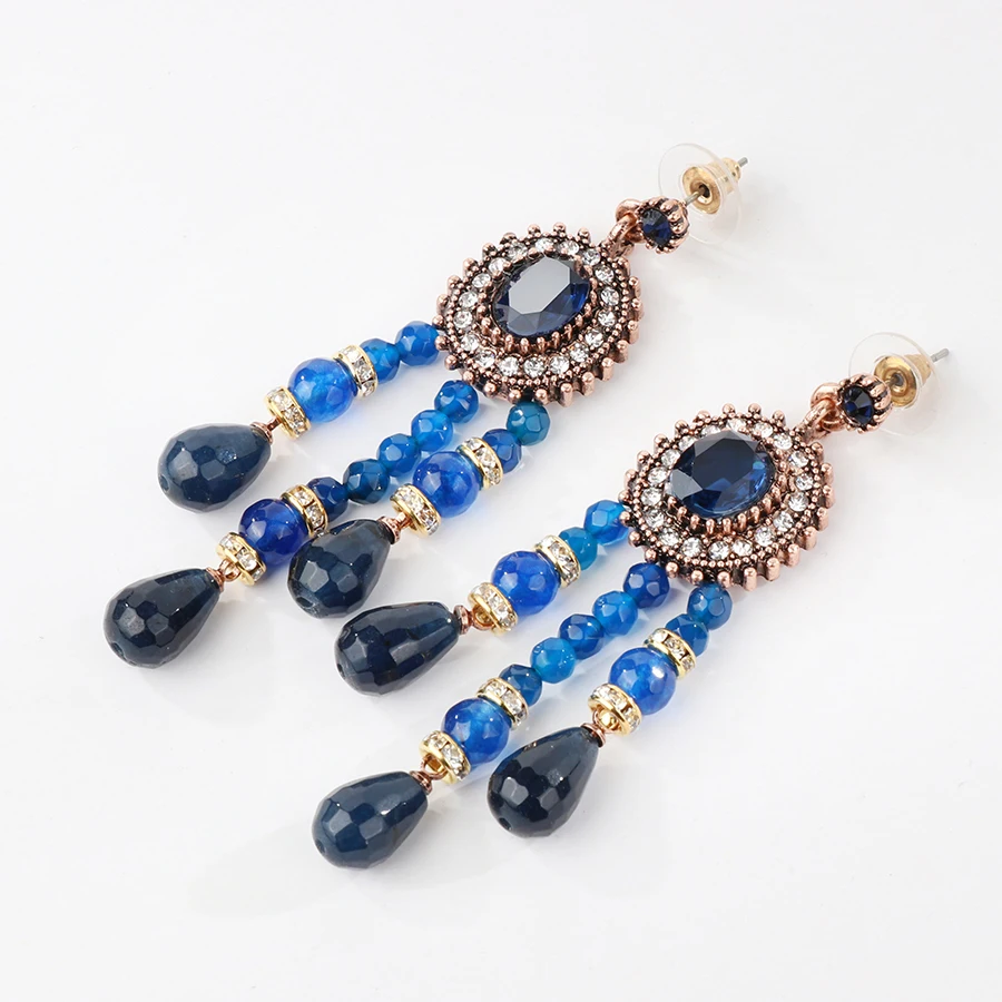 Kinel Blue Natural Stone Tassel Earrings For Women Fashion Antique Gold Color Vintage Jewelry Luxury Crystal Gift 2018 New