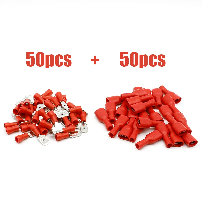 100Pcs Merah Spade Crimp Terminal Sepenuhnya Terisolasi Konektor Listrik Audio Kabel