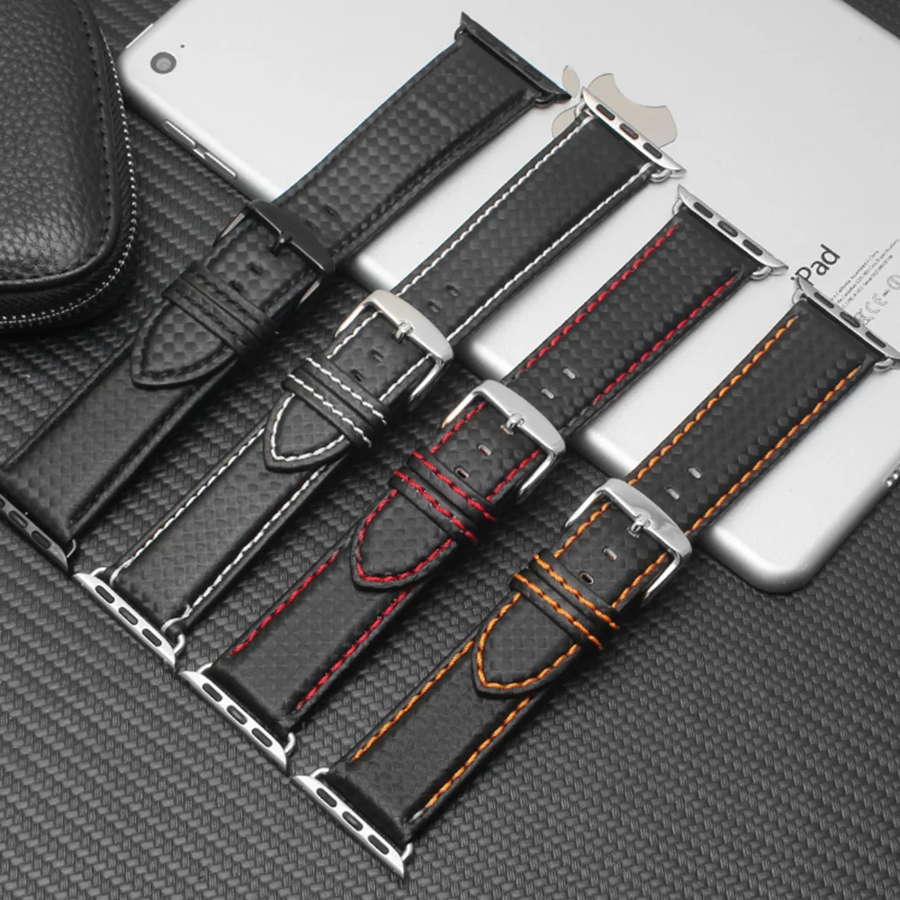 Luxury Strap for Apple watch band 42mm 38mm Apple watch 6 5 4 3 2 iWatch band 44mm 40mm Carbon fiber+Leather watchband bracelet