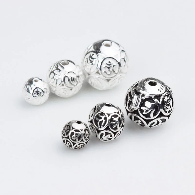 100% 925 Sterling Silver Round Ball Charm Beads 6mm 8mm 10mm Buddha Mantras Charm Craft Spacer Beads DIY Jewelry Making Material