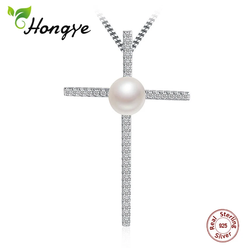 

Hongye 100% 925 Sterling Silver Real Pearl Necklace Natural Freshwater Pearl Pendant Jewelry Cross for Women Party Wedding Gift