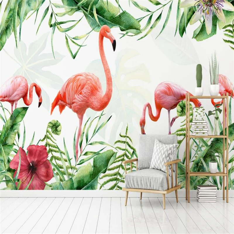 wellyu Simple hand-painted flamingo tropical leaves TV background wall custom large mural green silk cloth wallpaper