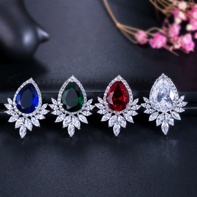 CWWZircons Brand Trendy Diamante Women Ear Jewelry Silver Color Sparkling Big Teardrop Cubic Zirconia Earrings CZ377