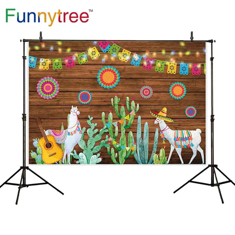 

Funnytree Mexican Fiesta theme Photography Backdrop Cactus Guitar Party Alpaca wood Flags paper Flower decoration background