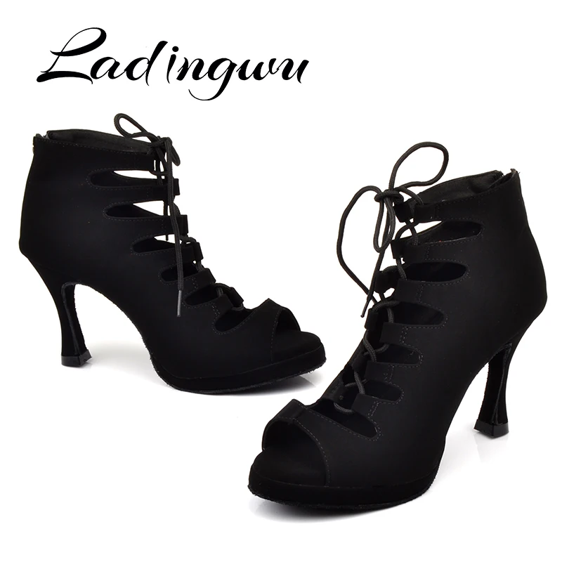 Ladingwu New Women\'s Latin Dance Shoes Ballroom Tango Platform Ladies ladys Comfortable Flannel Dancing Shoes Black 9cm Cuba