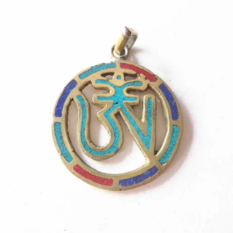 TBP268 Tibetan OM Mantras Amulet Pendants brass inlaid Colorful Stone