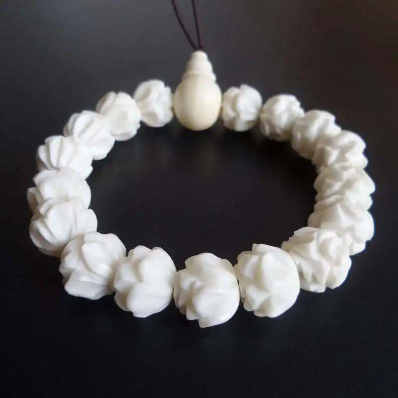 BB-224 Tibet White Yak Bone Hand Carved Padma Lotus Beaded Bracelet Stretch 8/10/12/14mm