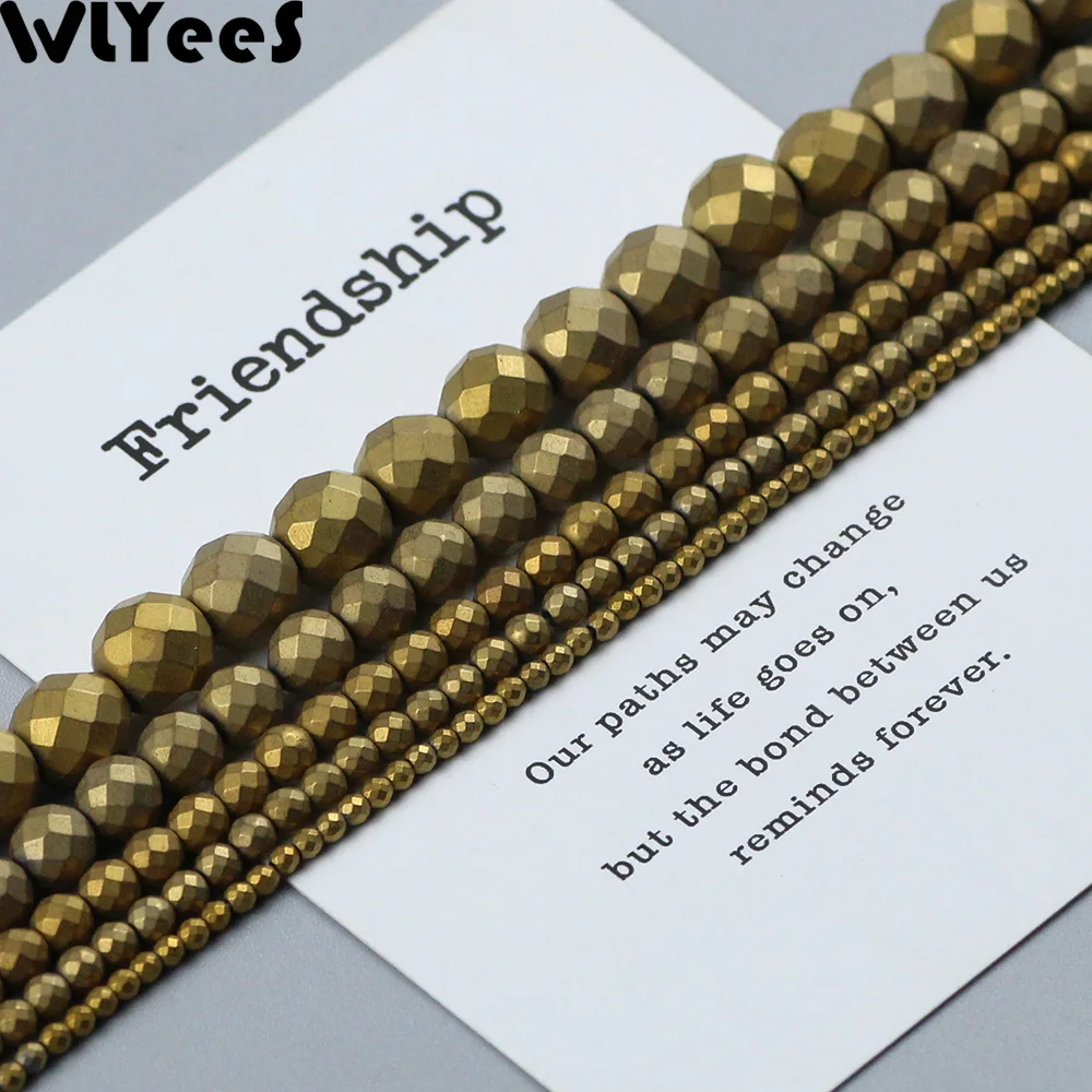 WLYeeS Matte Gold Plated Hematite beads 4 6 8 10mm faceted Round Spacer Loose beads for Jewelry Bracelet Making DIY Accessories