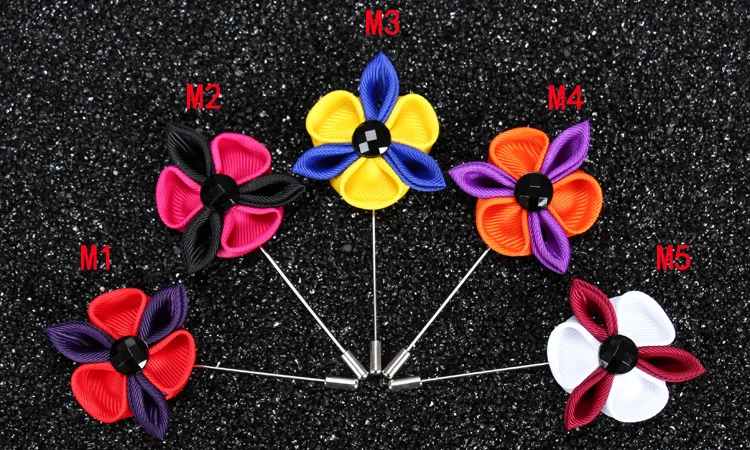 1 pcs Men's Colorful Kanzashi inspierd Flower Lapel Pin with Black Crystal