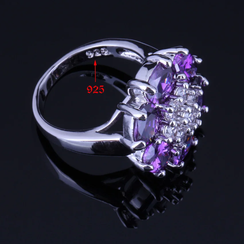 Glamorous Purple Cubic Zirconia White CZ Silver Plated Jewelry Sets Earrings Pendant Chain Ring V0231