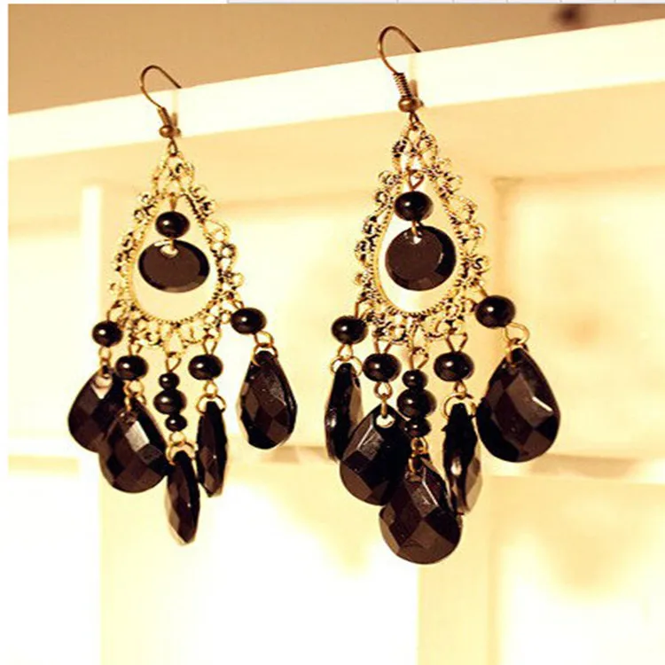 2016 Retro Fashion Hollow Tassel Earrings Boho Long Big Hanging Luxury Vintage Big Black Water Drop Earring With Stone For Women