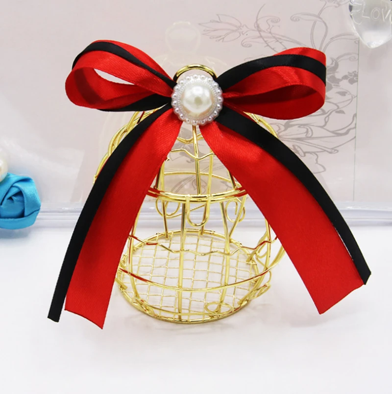

50pcs Birdcage Shaped Candy Boxes Party Gift Boxes with Bowknots Wedding Favor Boxes Iron Gold European Candy Package