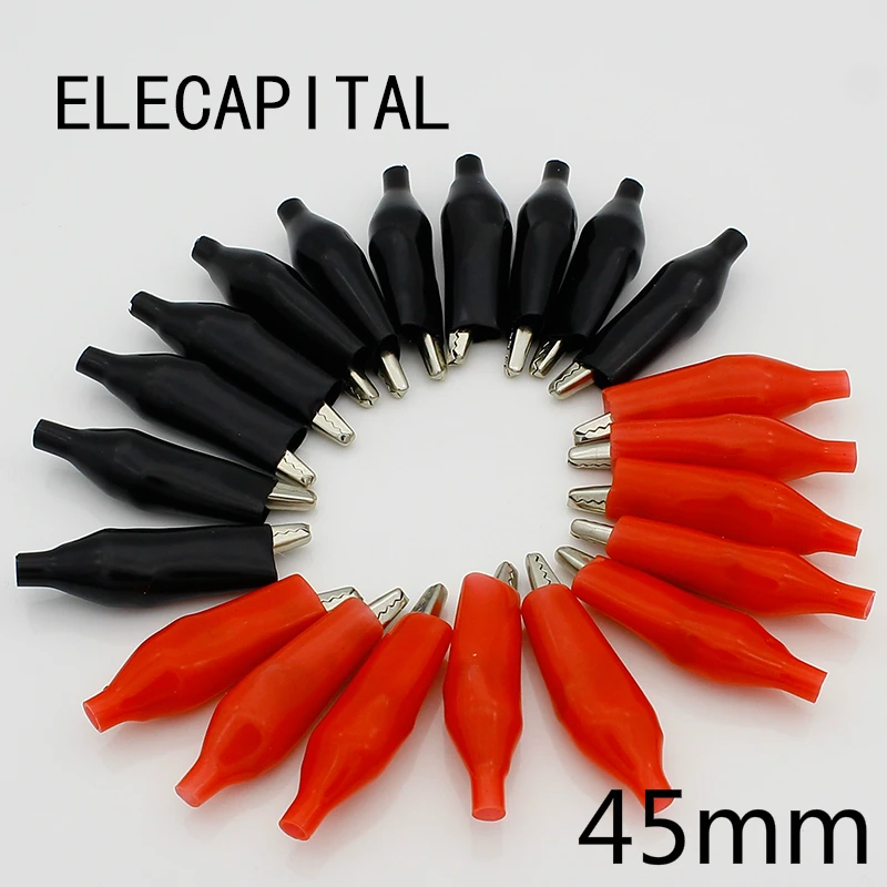 20pcs/lot 45MM Metal Alligator Clip G98 Crocodile Electrical Clamp for Testing Probe Meter Black and Red with Plastic Boot