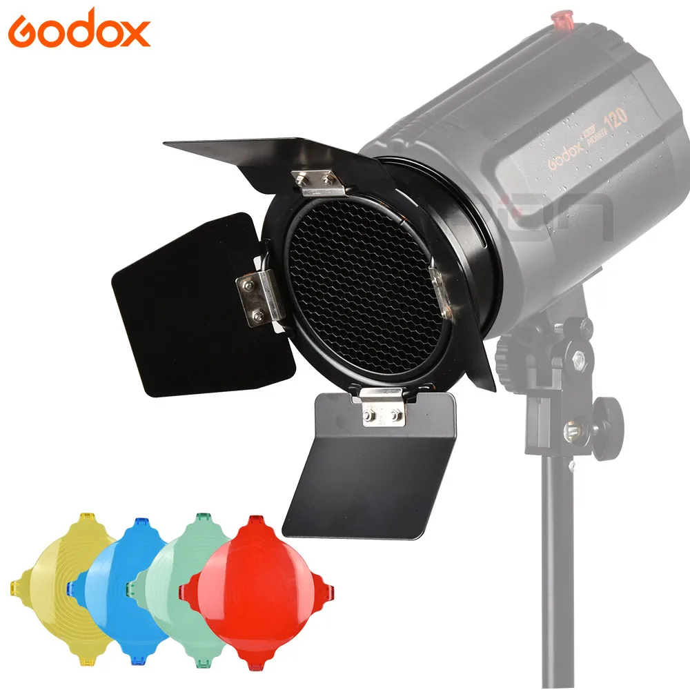 Godox BD-03 Barn Door With Honeycomb Grid and 4 Color filter Kits for Photo Studio Flash K-150 K-180 250SDI 300SDI E250