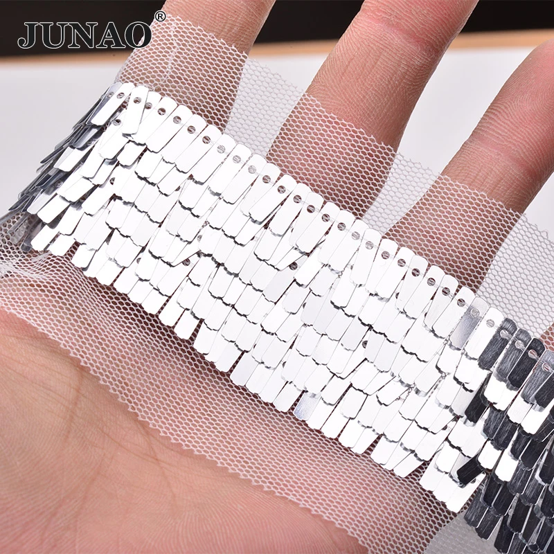 JUNAO 1 Yard 35mm Glitter Silver Gold Sequin Trim Ribbon Sewing Sequins Fabric Decoration Paillette Material Scrapbook Crafts