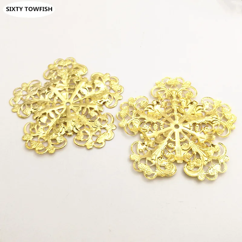 10 PCS 50mm Gold color Metal Filigree Flowers Slice Snowflake Charms Base Jewelry Accessories DIY Components Making
