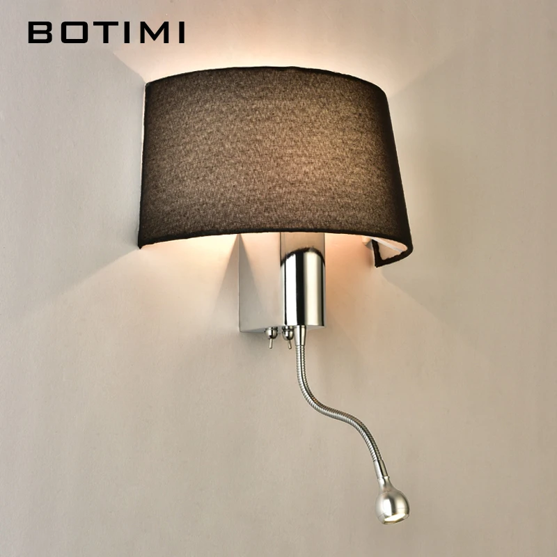 BOTIMI Modern LED Wall Light With Fabric Lampshade For Bedroom Bedside Applique murale luminaire LED Warm Light Wall Sconce