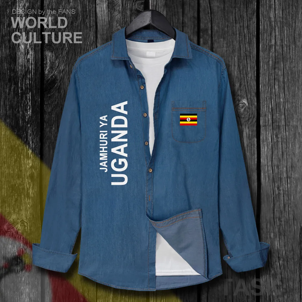 Uganda Ugandan UGA Men new fashion clothes Spring Autumn Cotton Turn-down Collar Jeans Shirt Long Sleeve Cowboy Coat Flags Top