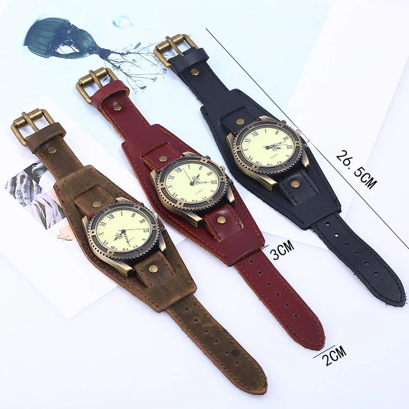 Men Watches Punk Vintage Cow Leather Wristwatch Roman Numbers Dial Casual Watch Gift LL@17