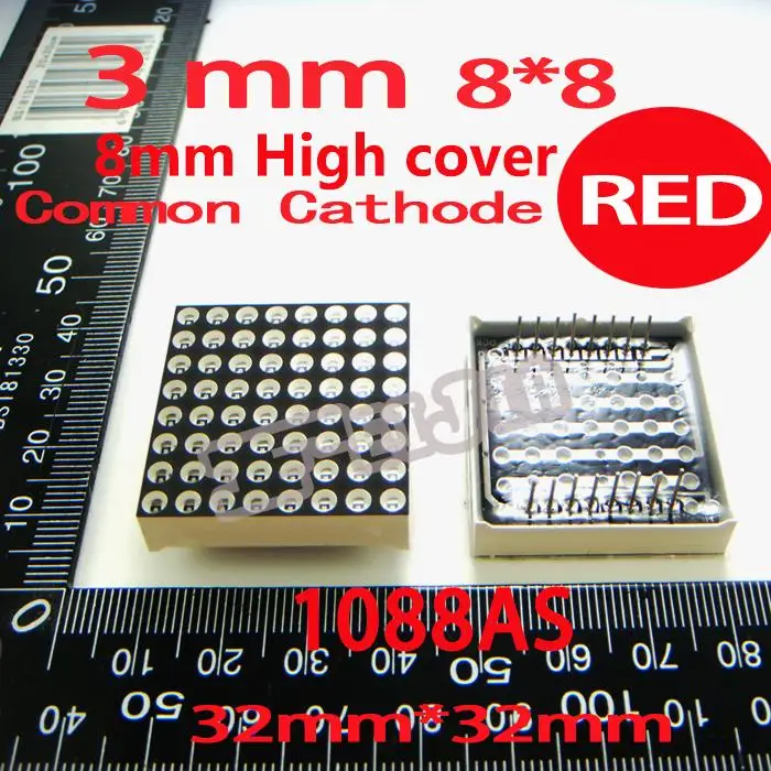 

50PCS/LOT 3MM 8X8 Red 8MM High Cover Common Cathode 32*32 LED Dot Matrix Digital Tube Module 1088AS Advertising Lights