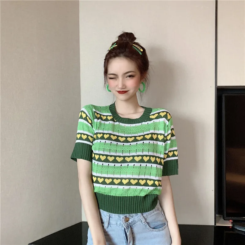 New Women Striped Short Sleeve Green Sweaters Shirts O-Neck Cropped Thin Hollow Out Sweater Pullover Crop Top For Female