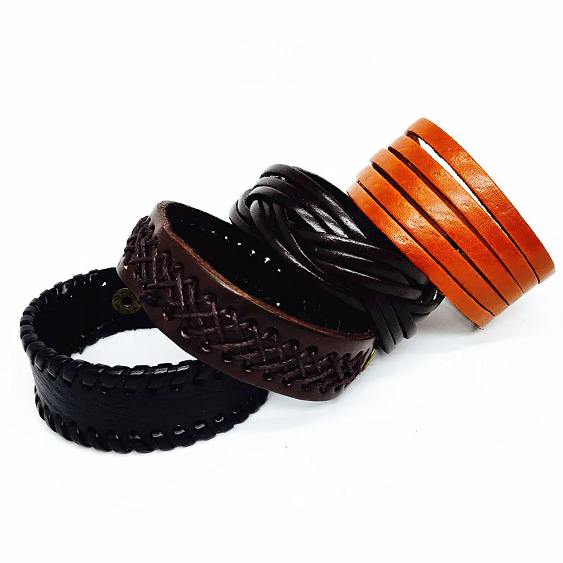 30pcs Genuine Leather Bracelet Men Black/Brown/Coffee Wide Fashion Press button Vintage Cuff charm bangle wristband wholesale