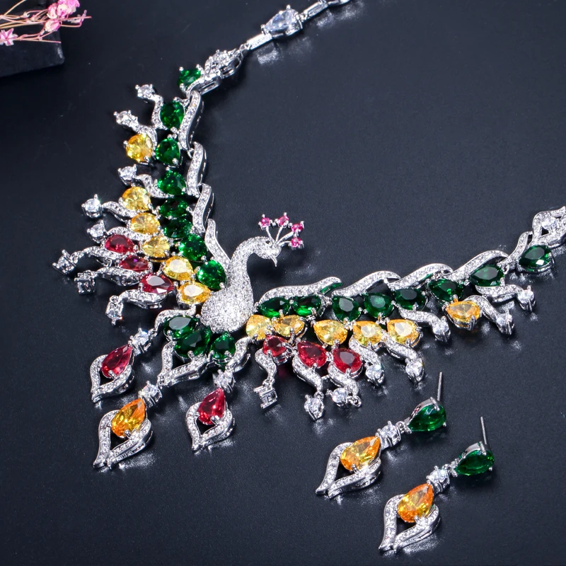 CWWZircons Luxury Multicolored Cubic Zirconia Big Peacock Choker Necklace Wedding Jewellery Set Bridal Costume Jewelry T331