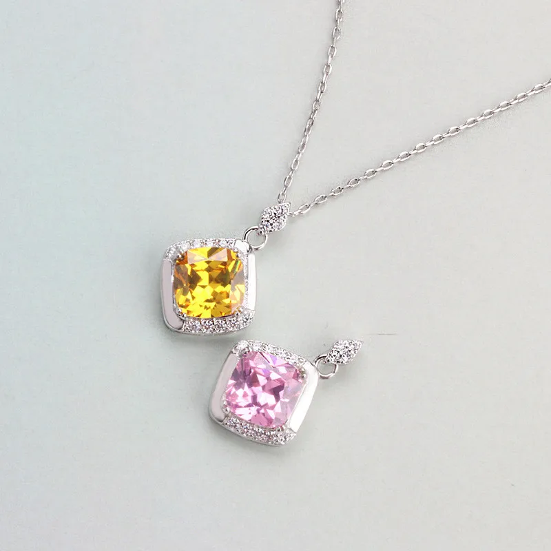 CC Necklaces Pendants For Women Sterling Zirconia Square Pink/Yellow Stone Fashion Jewelry No Chain CCN257