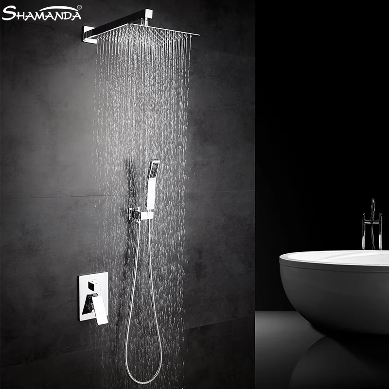 Bathroom Wall Mounted Shower Set Faucet Tap Concealed Two Functions Embedded Box Mixer Valve with 8/10//12 Inch Rain Shower Head