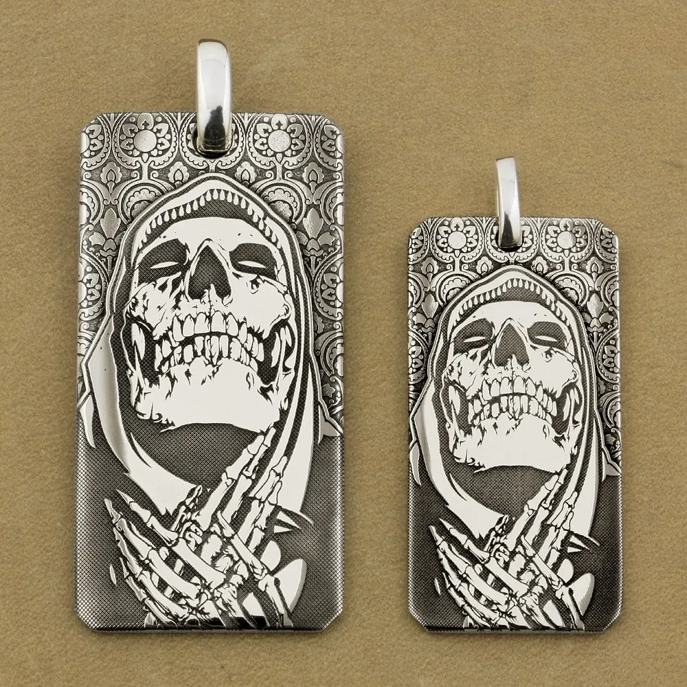 999 Pure Silver High Details Deep Laser Engraved  Praying Skull Dogtag Mens Biker Punk Pendant 9X028S Just Pendant