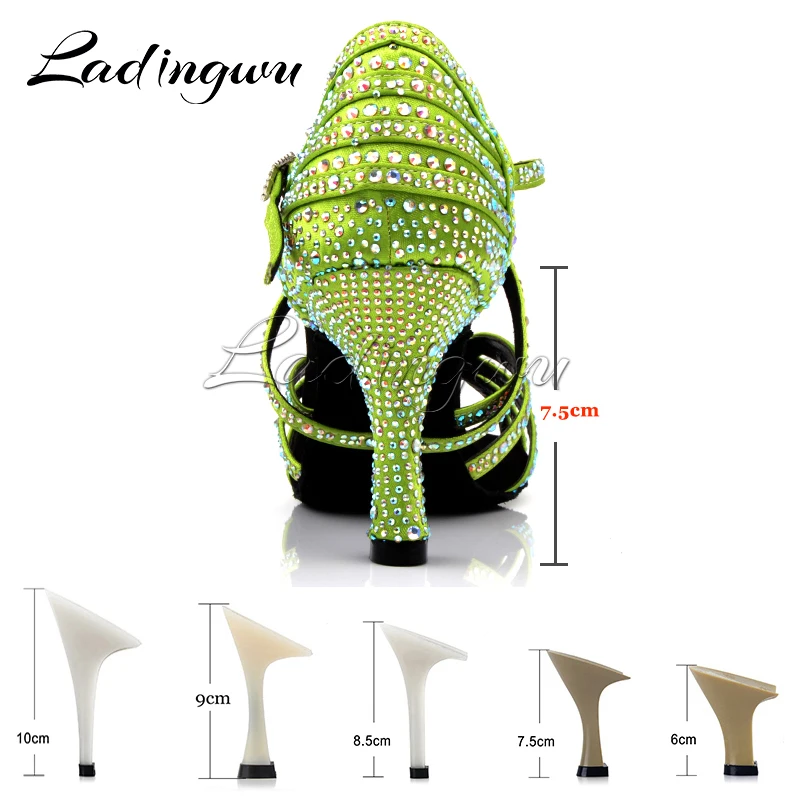 Ladingwu Light Green Satin Latin Dance Shoes Women Profession Salsa Dance Shoes Women Ballroom Dance Sandals Rhinestone Shoes