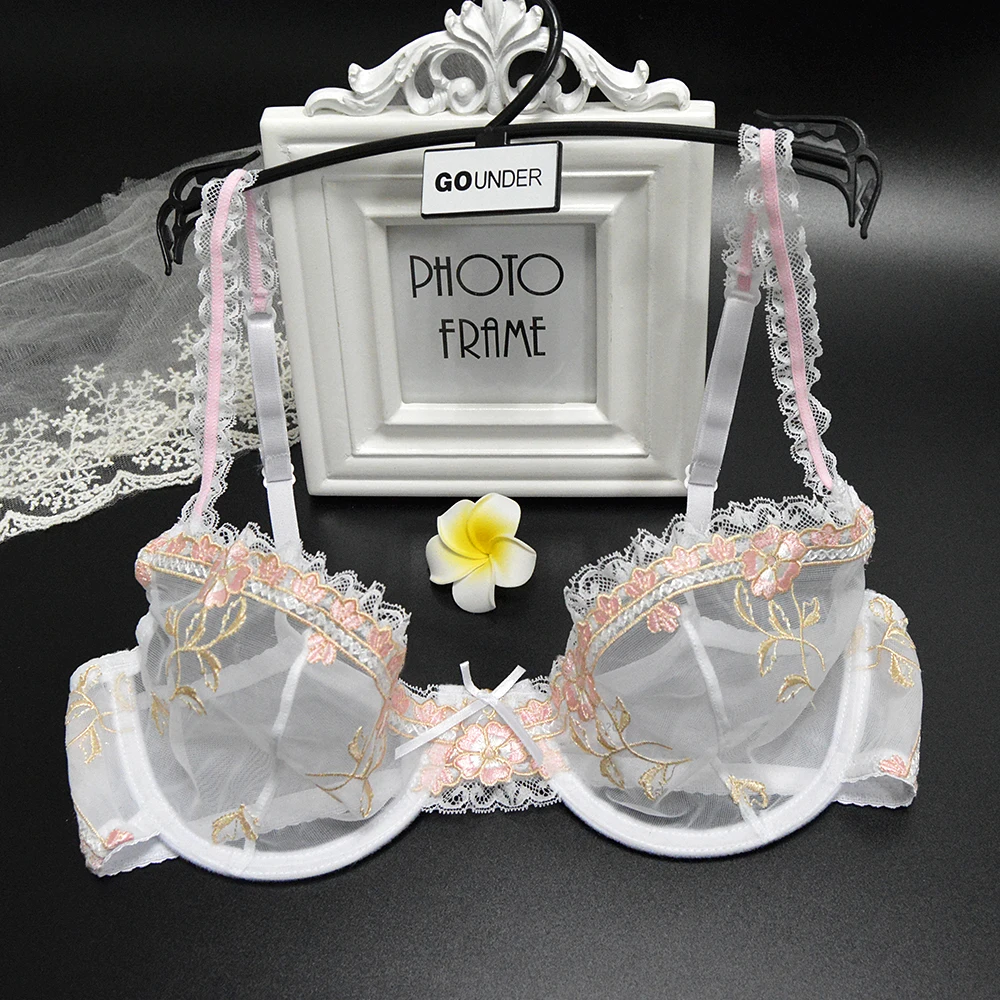 YANDW frauen bh panty VERKÄUFE Getrennt dünne transparente spitze stickerei set mesh Floral 70 75 80 85 90 95 100 A B C D E F G tasse