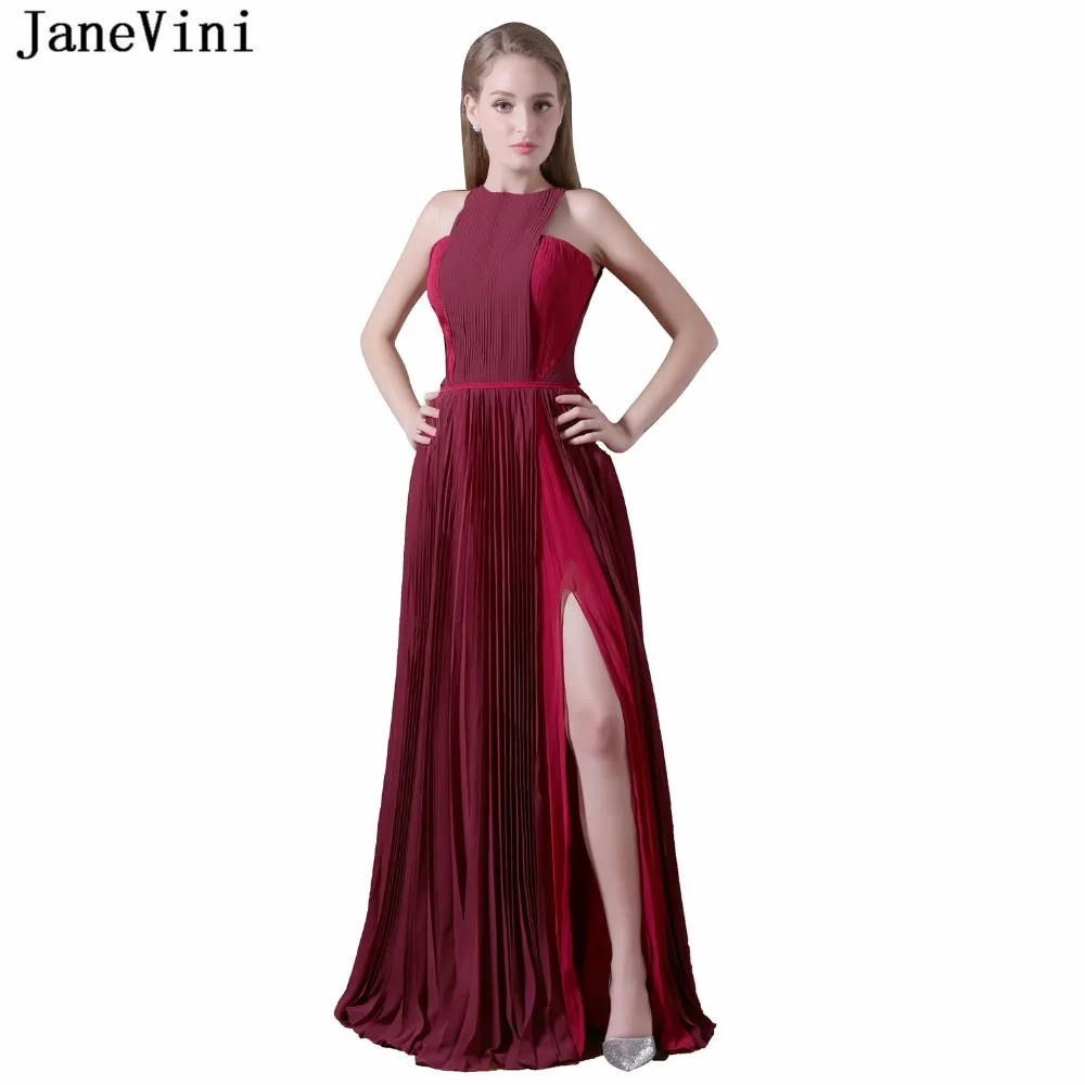 Janevini vestidos de dama de honra borgonha, vestido linha pregas vestidos de baile chiffon divisão alta altura do piso vestido madrinha tamanho grande