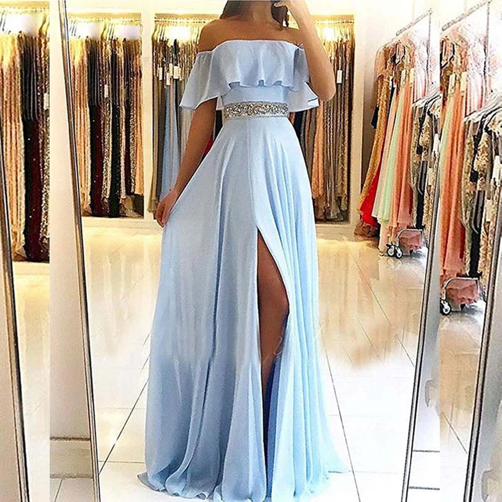 Sexy Straples Light Blue Sleeves Evening Dresses Long 2022 Chiffon with Lace A-line Prom Dress Women Party Gowns robe de soiree