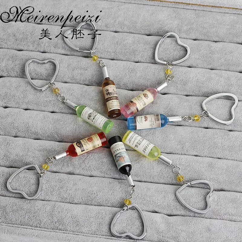 7 Colors Wine Bottle Keychain Inspired Wrapped Glass Bottle Keychain Dainty Mini Bottle Kawaii Heart Keyring Car Bag Key Holder