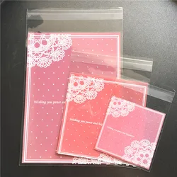100pcs/lot 3 sizes Pink Lace Plastic Self Adhesive Cookie Packaging Bag Wedding Candy Gift Decoration Bag