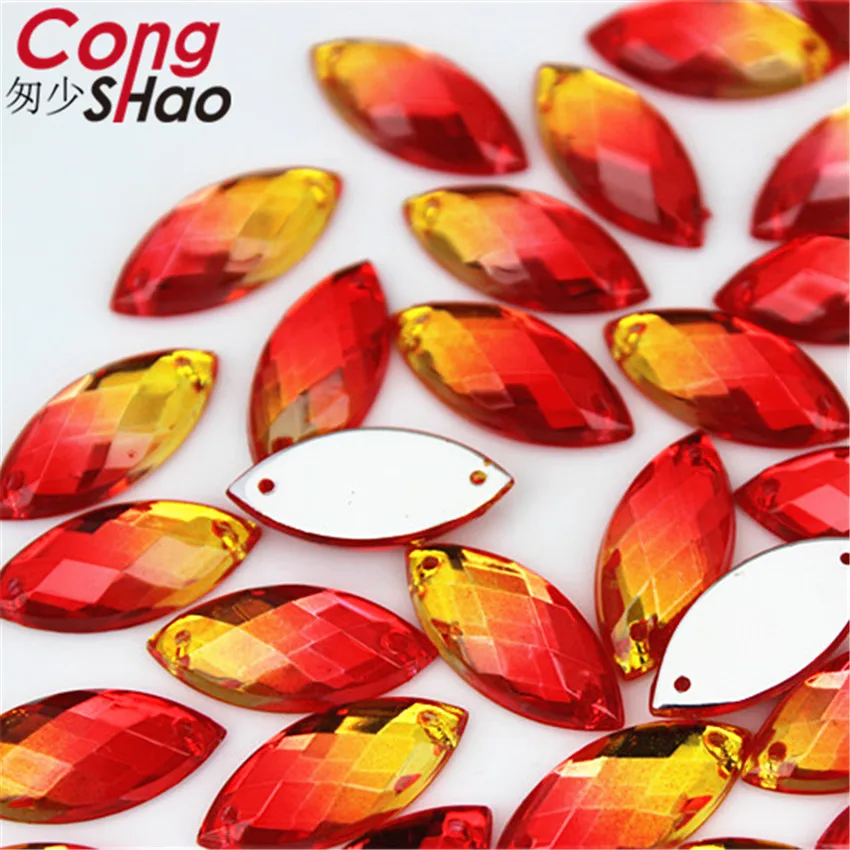 Cong Shao 30pcs 9*20mm Drop Double color stones and crystals Acrylic Horse eye rhinestone flatback sewing 2 Hole Garment ZZ476