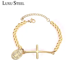 LUXUSTEEL Round Golden Color Beaded Bracelets Stainless Steel Cross Jesus Pendants Adjustable Lobster Clasp Chain Bracelets Gift