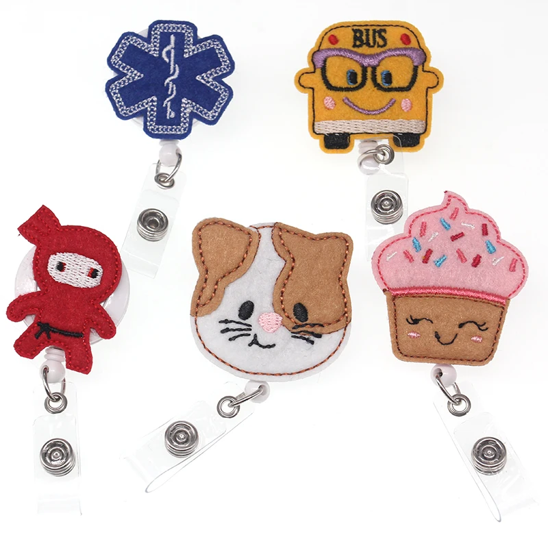 10pcs free shipping Animal Cute Cat School Bus Cake Retractable Badge Reel Felt Ice Cream Red little boy ID Name Badge Holder